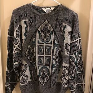 Geometric Patterned Gray and Black Crewneck Sweater